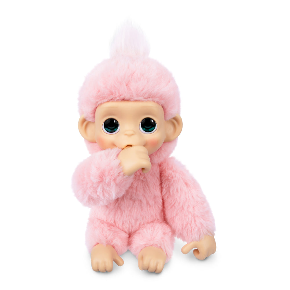 Little Live Pets My Baby Mini Monkey - Luna Lemon Pink Toy Monkey, sucking thumb