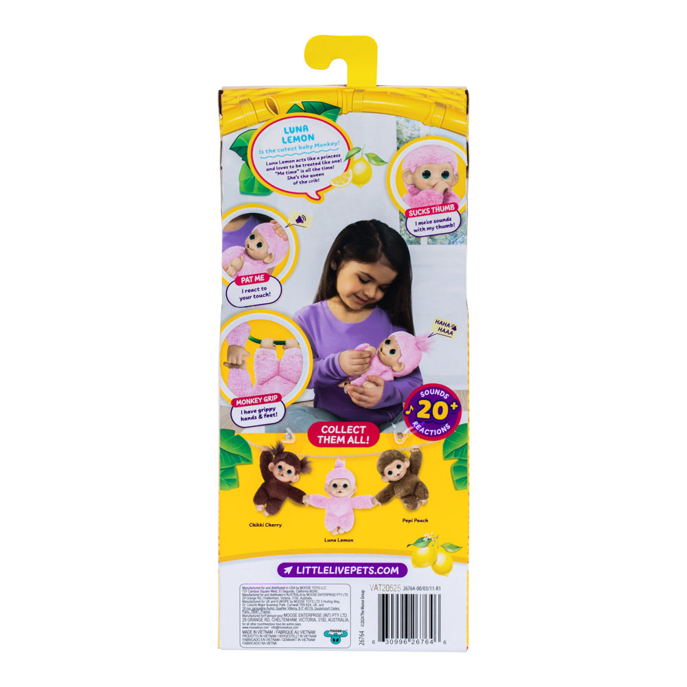 back of packaging for Little Live Pets My Baby Mini Monkey - Luna Lemon Pink Toy Monkey