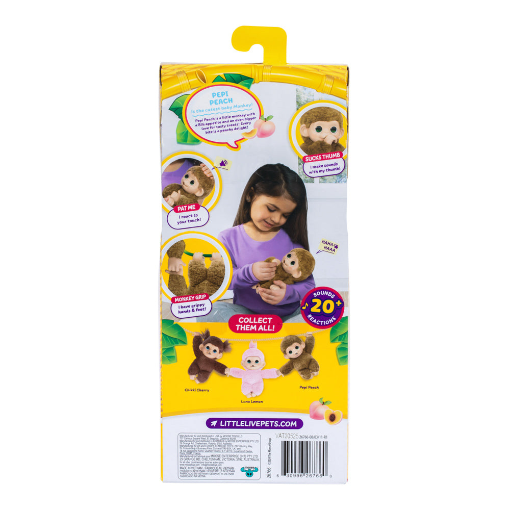 Back of packaging for Little Live Pets My Baby Mini Monkey - Pepi Peach Brown Monkey