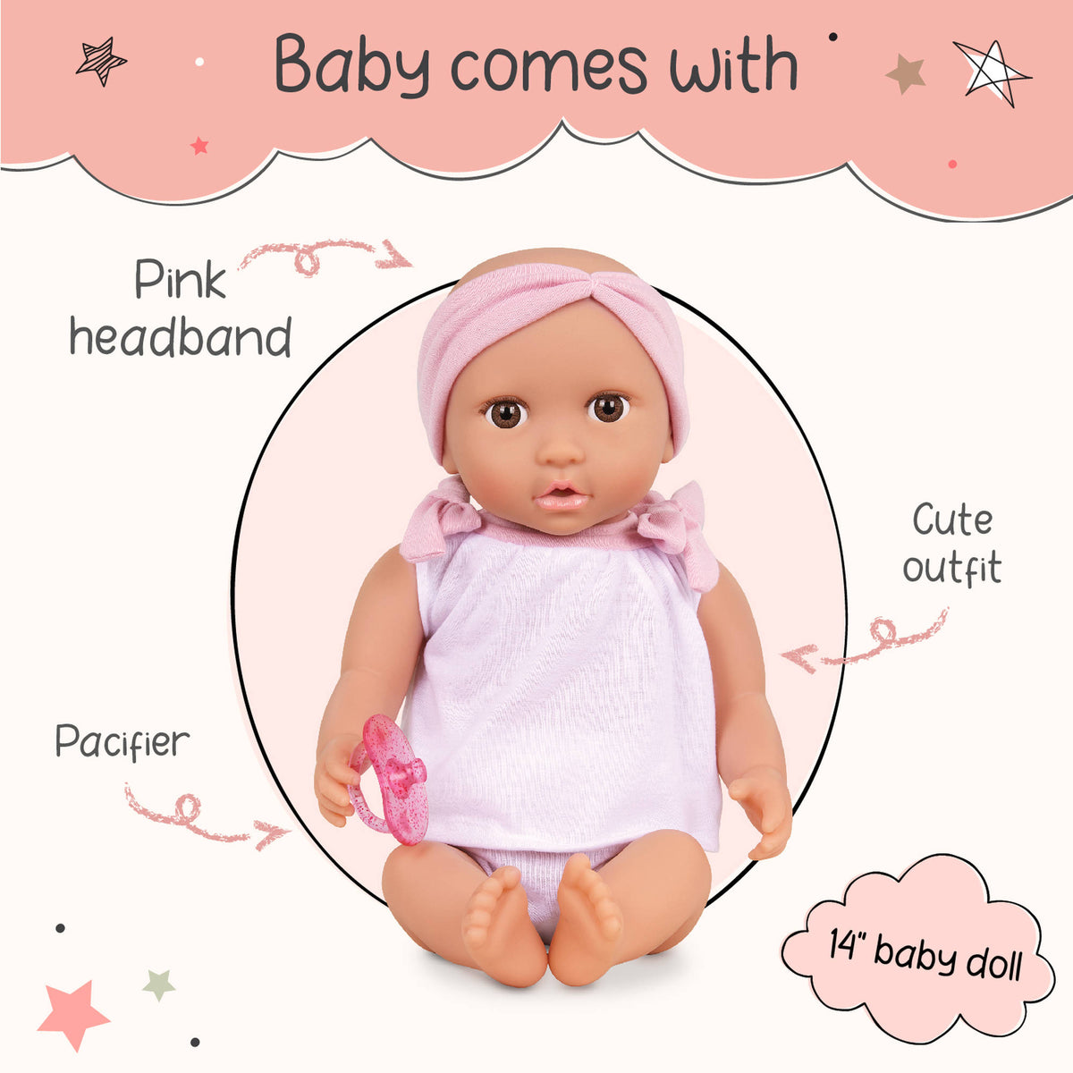Lullababy 14 Inch Doll with 2 Piece Outfit & Pink Headband - Toyworld NZ