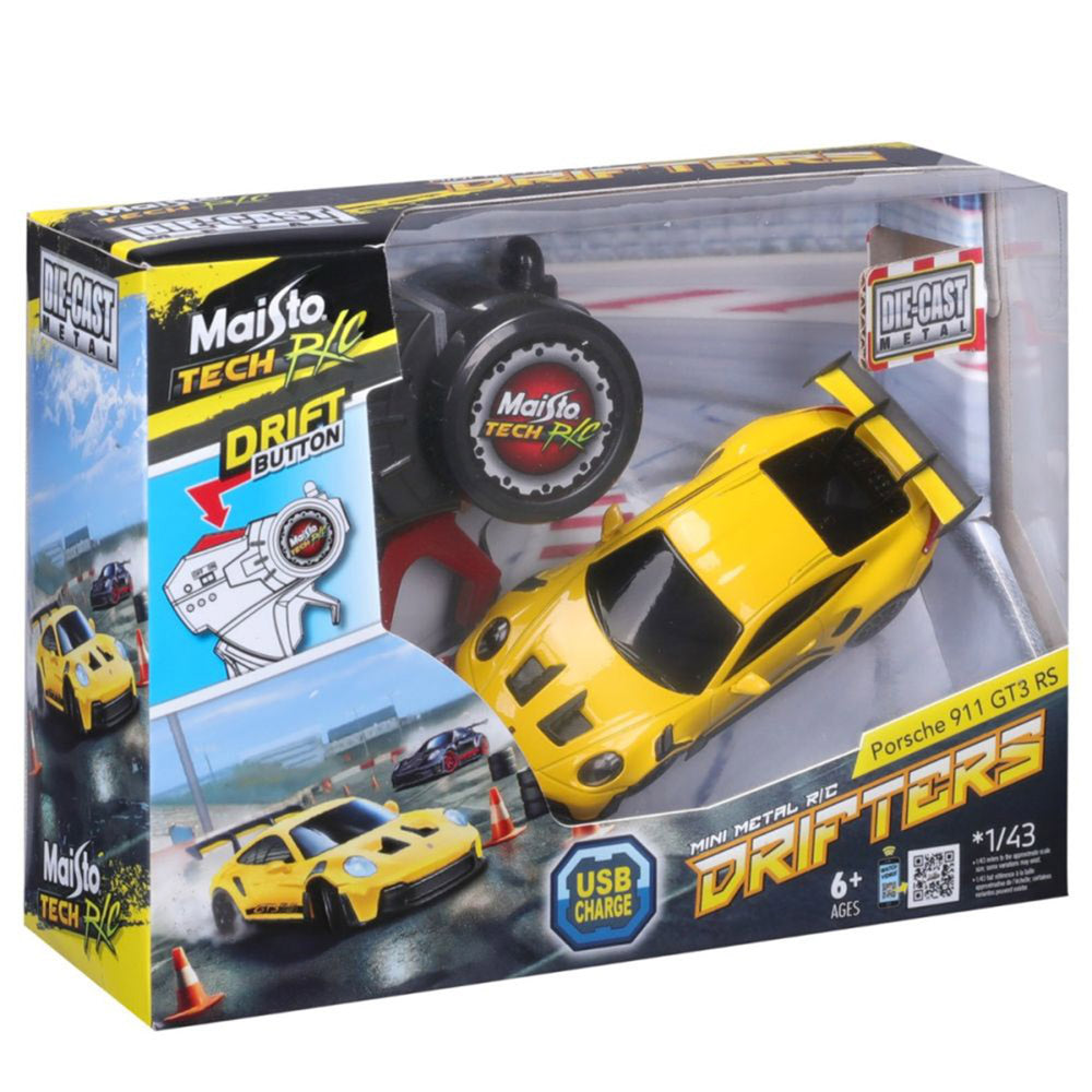 Yellow Maisto Tech remote controlled 1:43 Die-Cast Mini Metal Drifters Assorted Styles, in packaging
