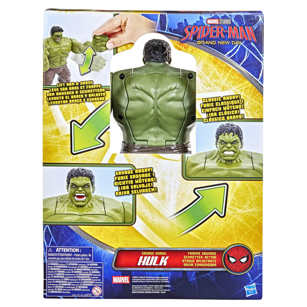 Back packaging of the Marvel Spider-Man Brand New Day Savage Smash Hulk Figure toy with face-changing ability