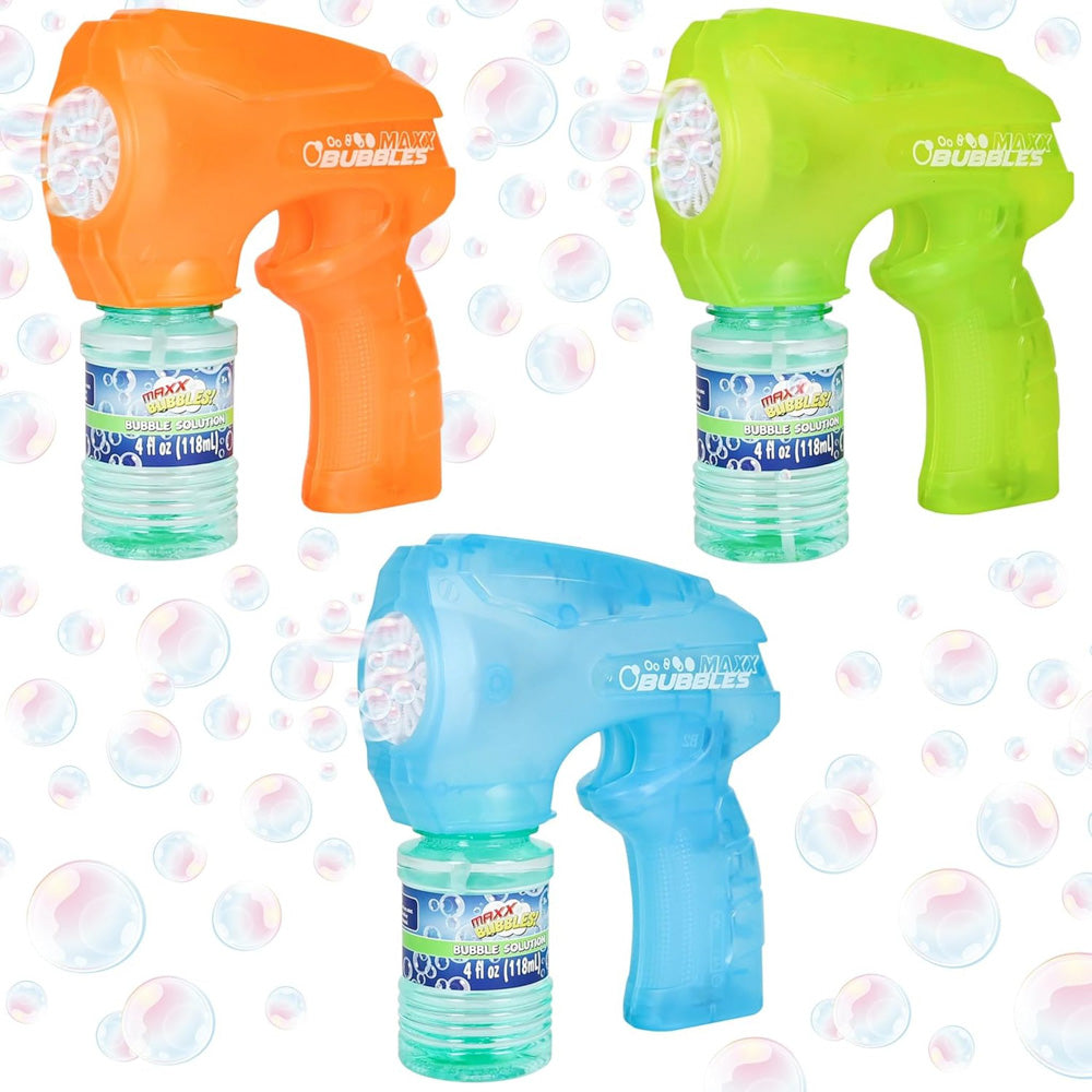 Assorted colours of the Maxx Bubbles Super Light-Up Bubble Blower toy.