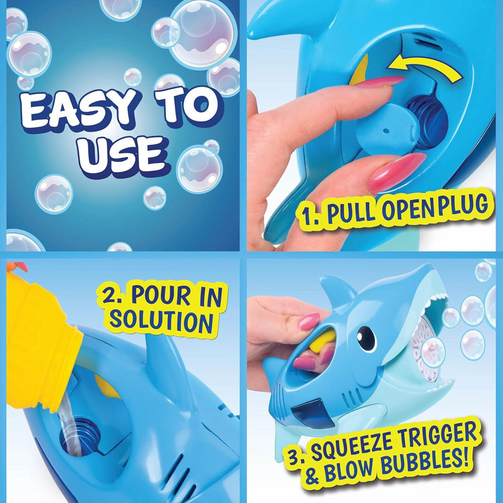 Pour bubble liquid inside the Maxx Bubbles Handheld Shark Bubbler bath toy