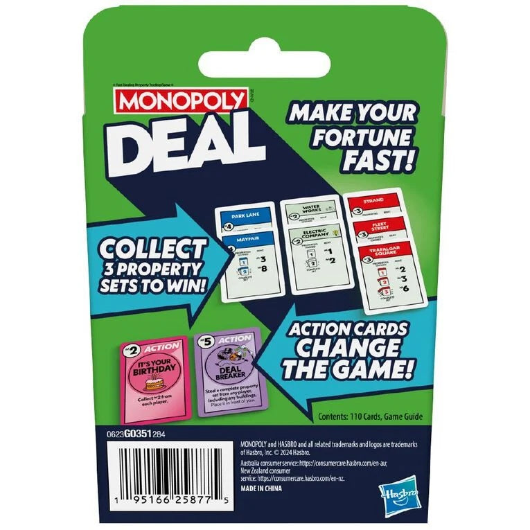 Back packaging of the Monopoly Deal Card Game for ages 8+