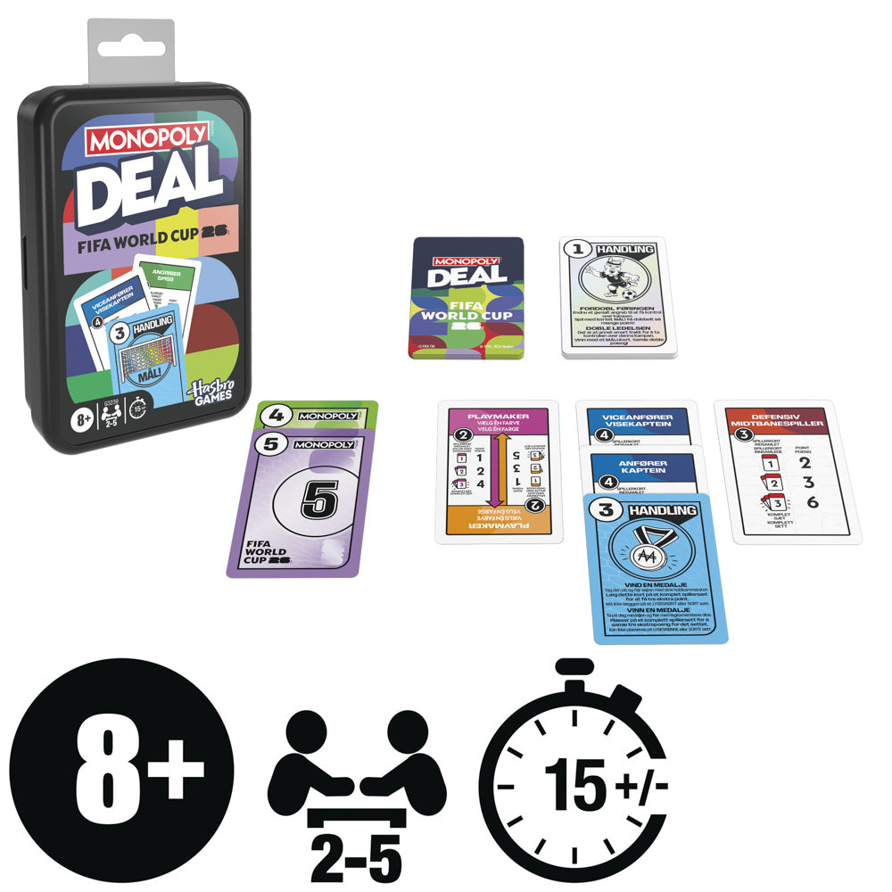 The Monopoly Deal FIFA Edition Card Game Set is designed for 2-5 players