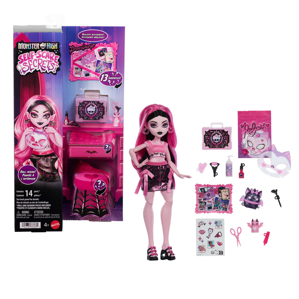 Monster High Self-Scare Secrets Fashion Doll - Draculaura toy with skincare beauty tools.