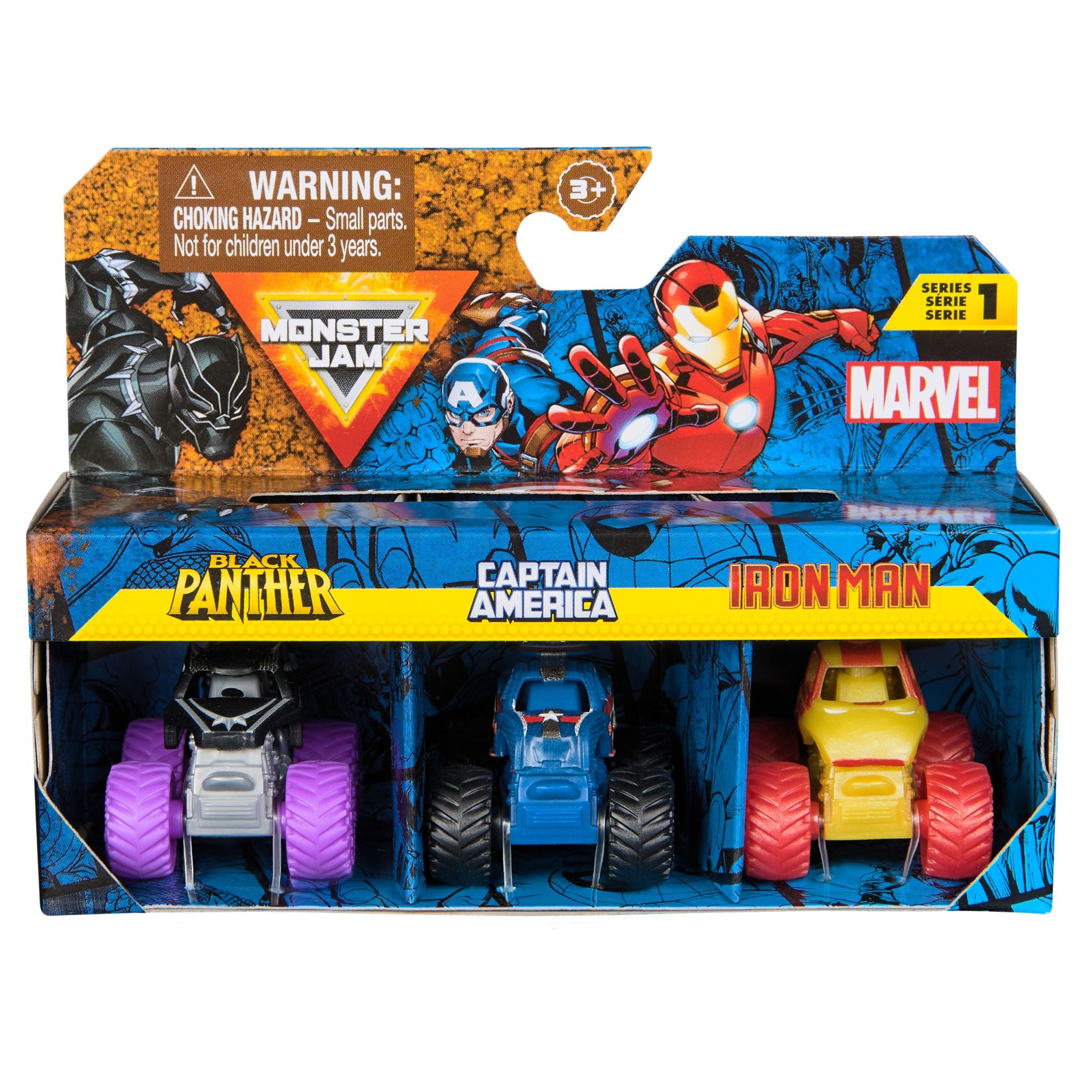 Monster Jam Mini Marvel 3 Pack Bundle - Iron Man, Captain America & Black Panther