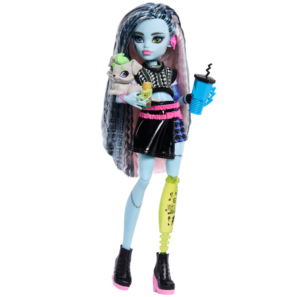 Monster High Fashion Doll - Frankie Stein with blue skin, holding dog