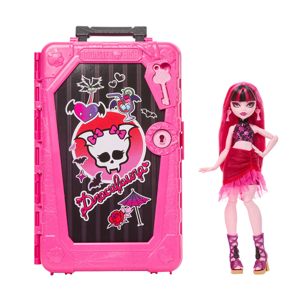 Monster High Skulltimate Secrets Gore-geous Oasis Series 7 Draculaura doll, standing next to pink suitcase