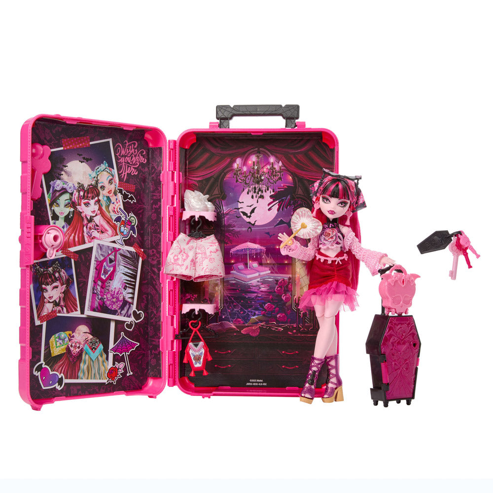 Monster High Skulltimate Secrets Gore-geous Oasis Series 7 Draculaura doll, standing next to open pink suitcase