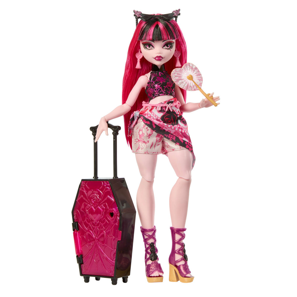 Monster High Skulltimate Secrets Gore-geous Oasis Series 7 Draculaura doll, standing next to suitcase