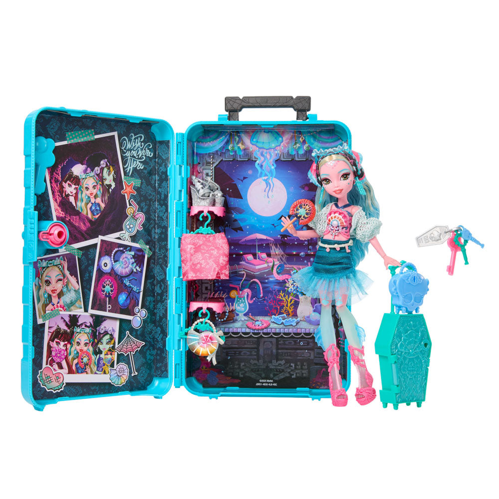 Monster High Skulltimate Secrets Gore-geous Oasis Series 7 Lagoona Blue doll, with open suitcase