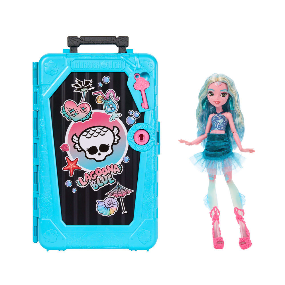 Monster High Skulltimate Secrets Gore-geous Oasis Series 7 Lagoona Blue doll, standing next to suitcase