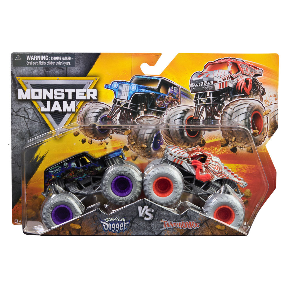 Monster Jam 1:64 2-Pack Series 32 Son-uVa Digger vs ThunderRoarus trucks, in packaging
