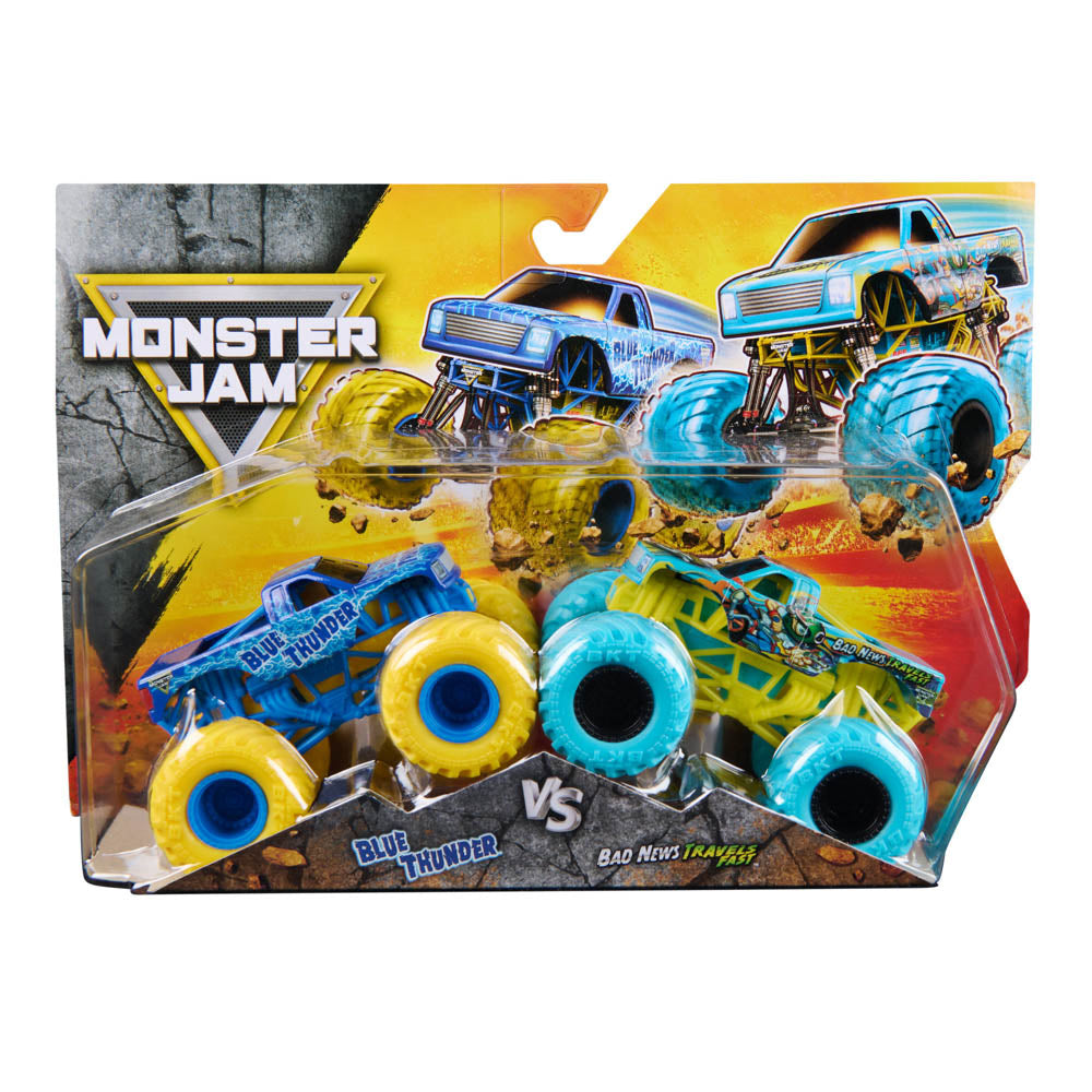 Monster Jam 16:4 2-Pack Series 33 Blue Thunder Vs Bad News Travels Fast toy trucks, in packaging