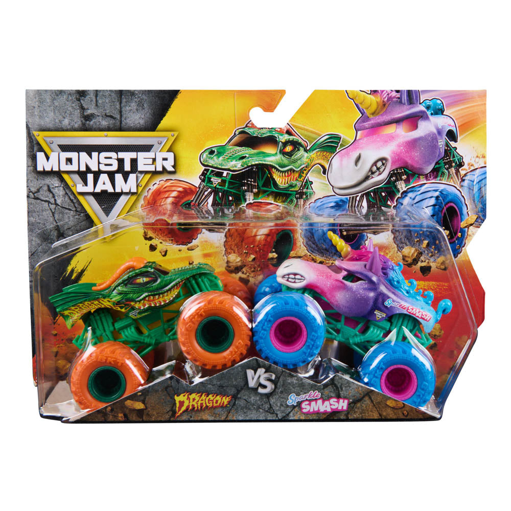 Monster Jam 1:64 2-Pack Series 33 Dragon versus Sparkle Smash toy trucks, in packaging