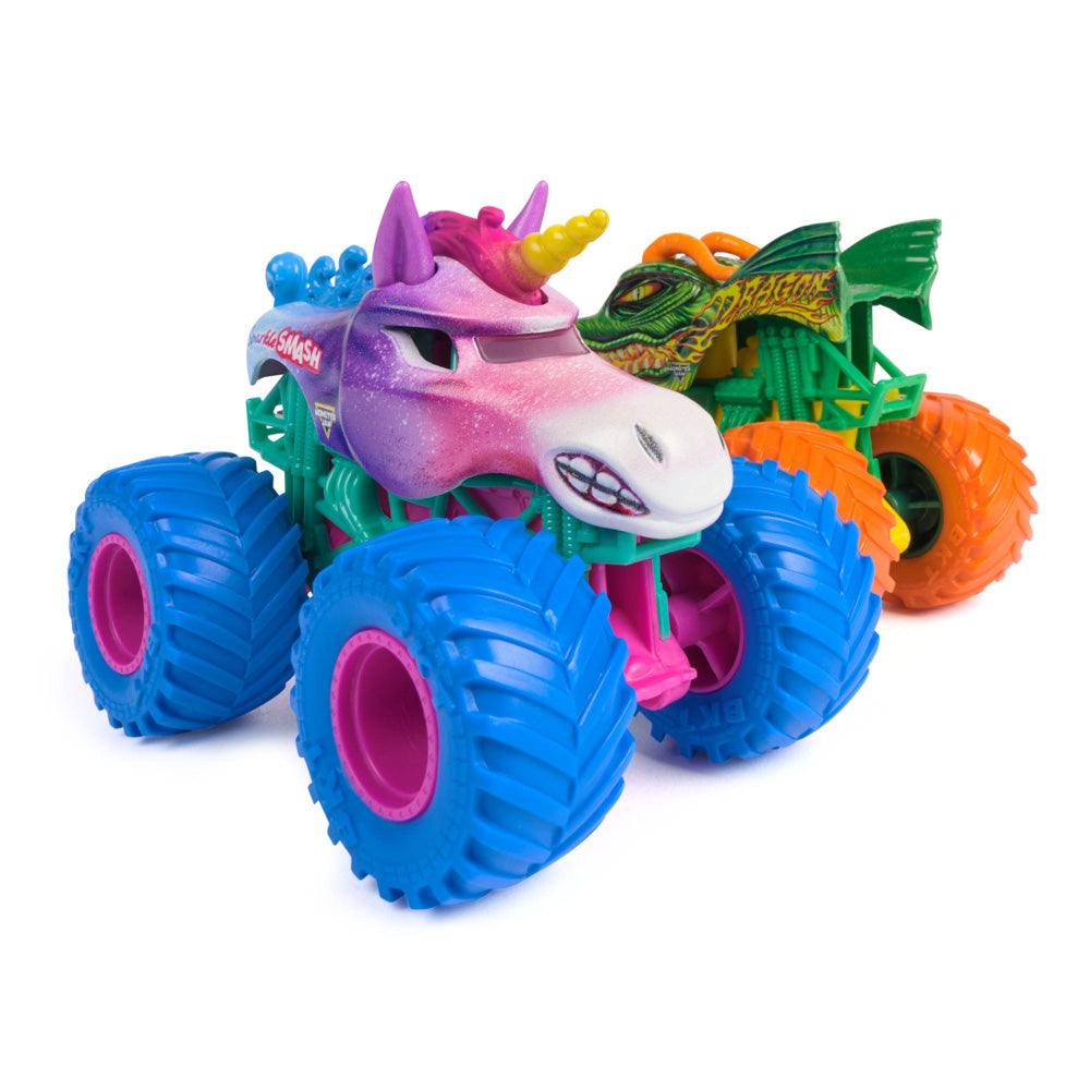 Monster Jam 1:64 2-Pack Series 33 Dragon versus Sparkle Smash toy trucks