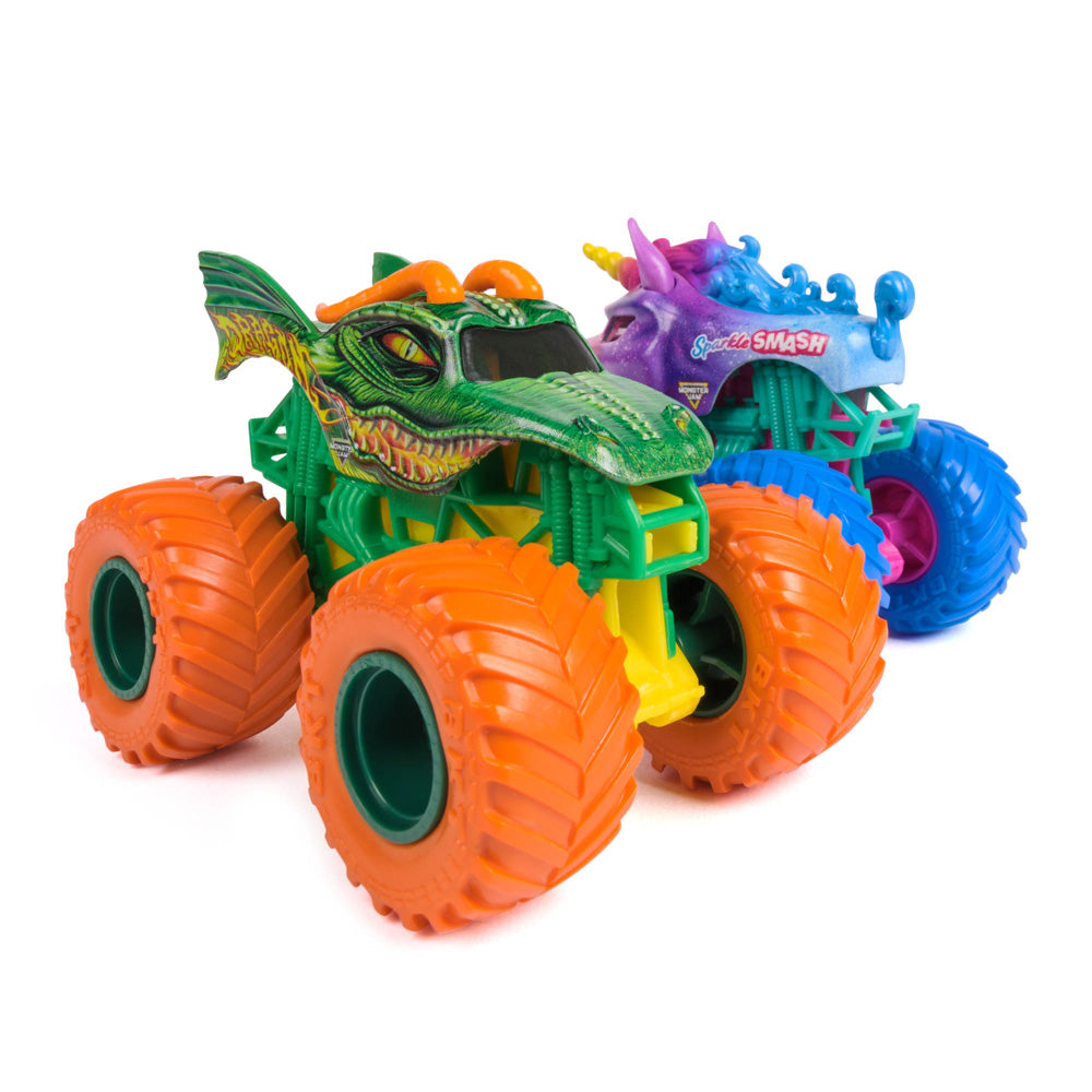 Monster Jam 1:64 2-Pack Series 33 Dragon versus Sparkle Smash toy trucks