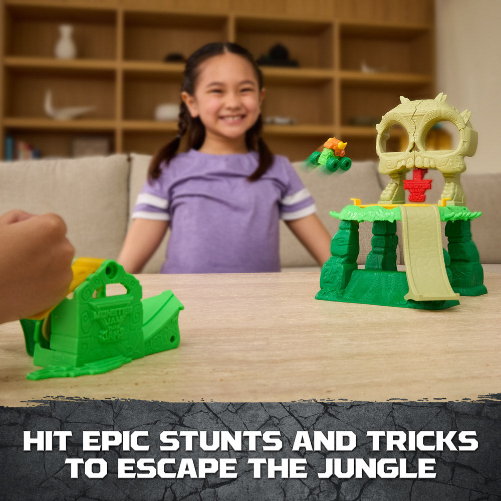 Stunts and tricks in the Monster Jam: Mini Jams Crash & Crumble Jungle Toy Truck Playset