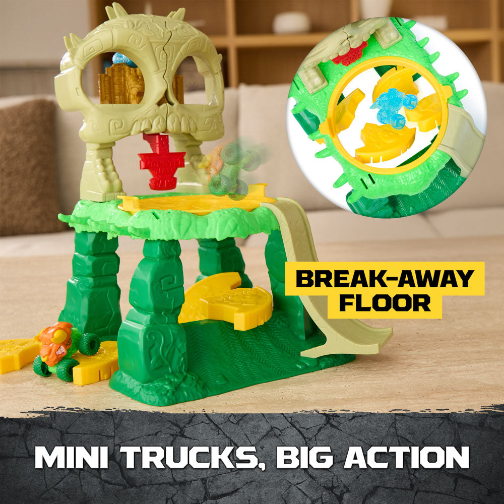 Do stunts in the Monster Jam: Mini Jams Crash & Crumble Jungle Toy Truck Playset