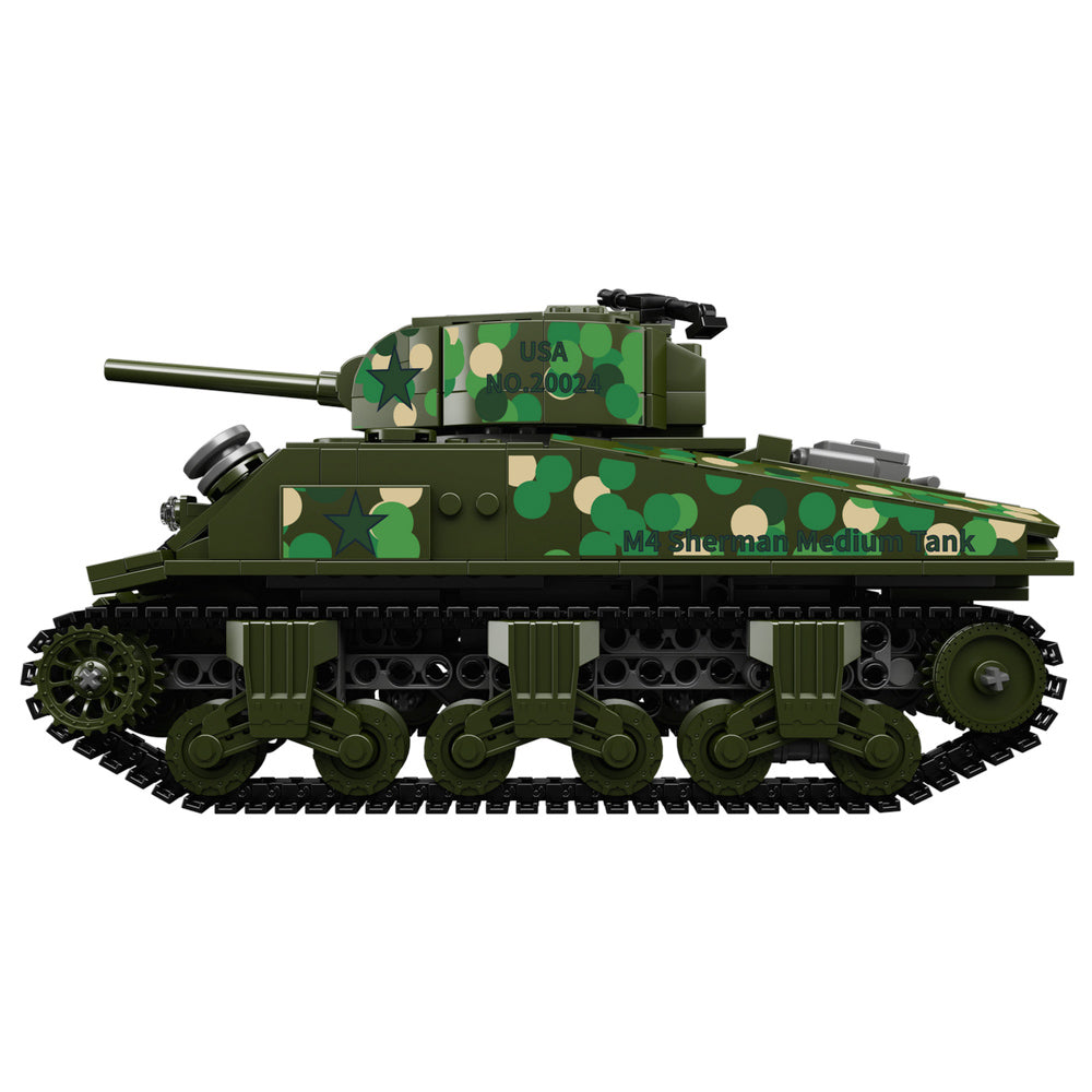 Side view of the Mould King 20024 M4 Sherman Tank RC Building Set