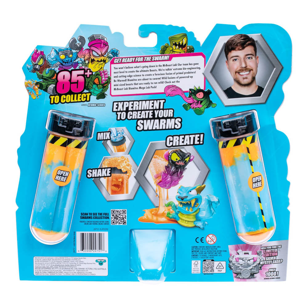 Back packaging of the MrBeast Lab Swarms Atomic Series Mega Lab 12 Pack toys
