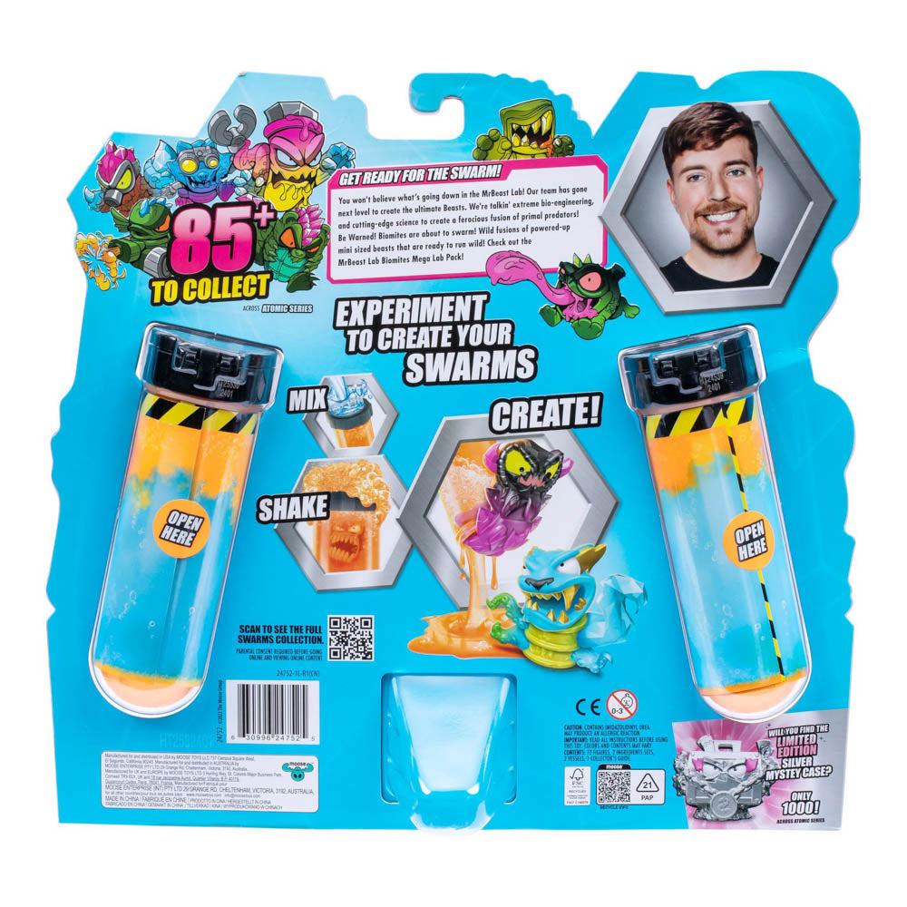 Back packaging of the MrBeast Lab Swarms Atomic Series Mega Lab 12 Pack of toys