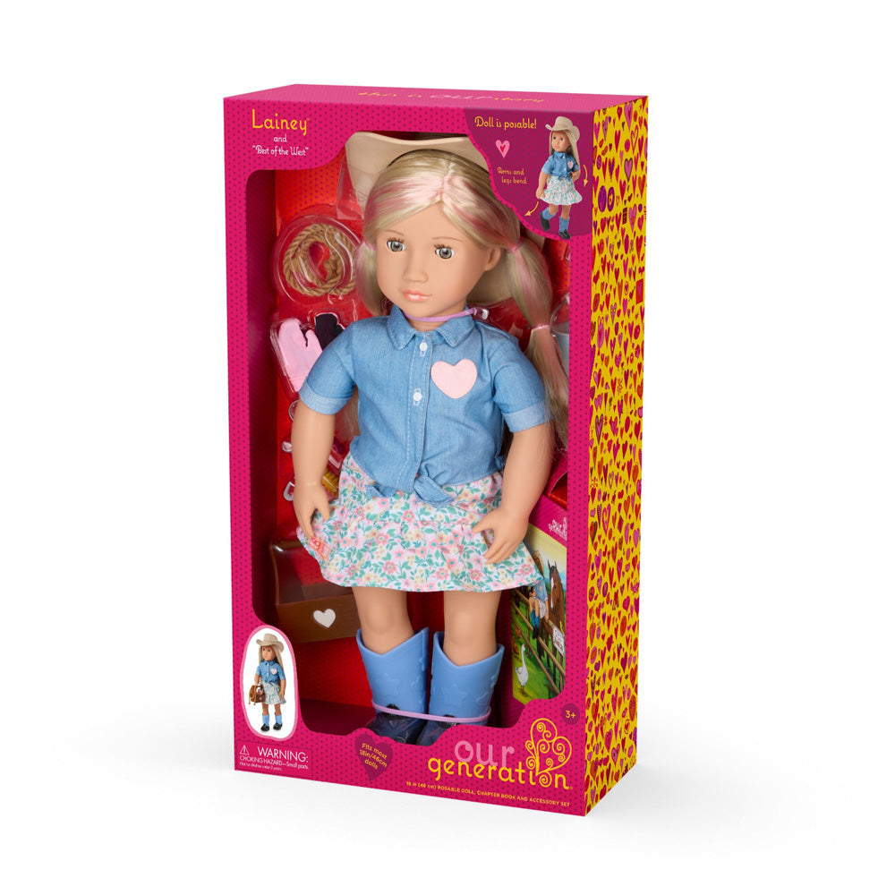 Our Generation 18 Inch Deluxe Doll Western Cowgirl Lainey toy, in packaging