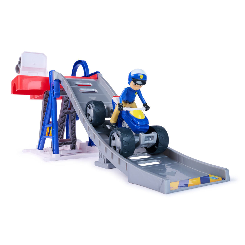 Ryder on ATV, in the PAW Patrol Search & Rescue Lift "N" Repair Playset with ATV quad bike.