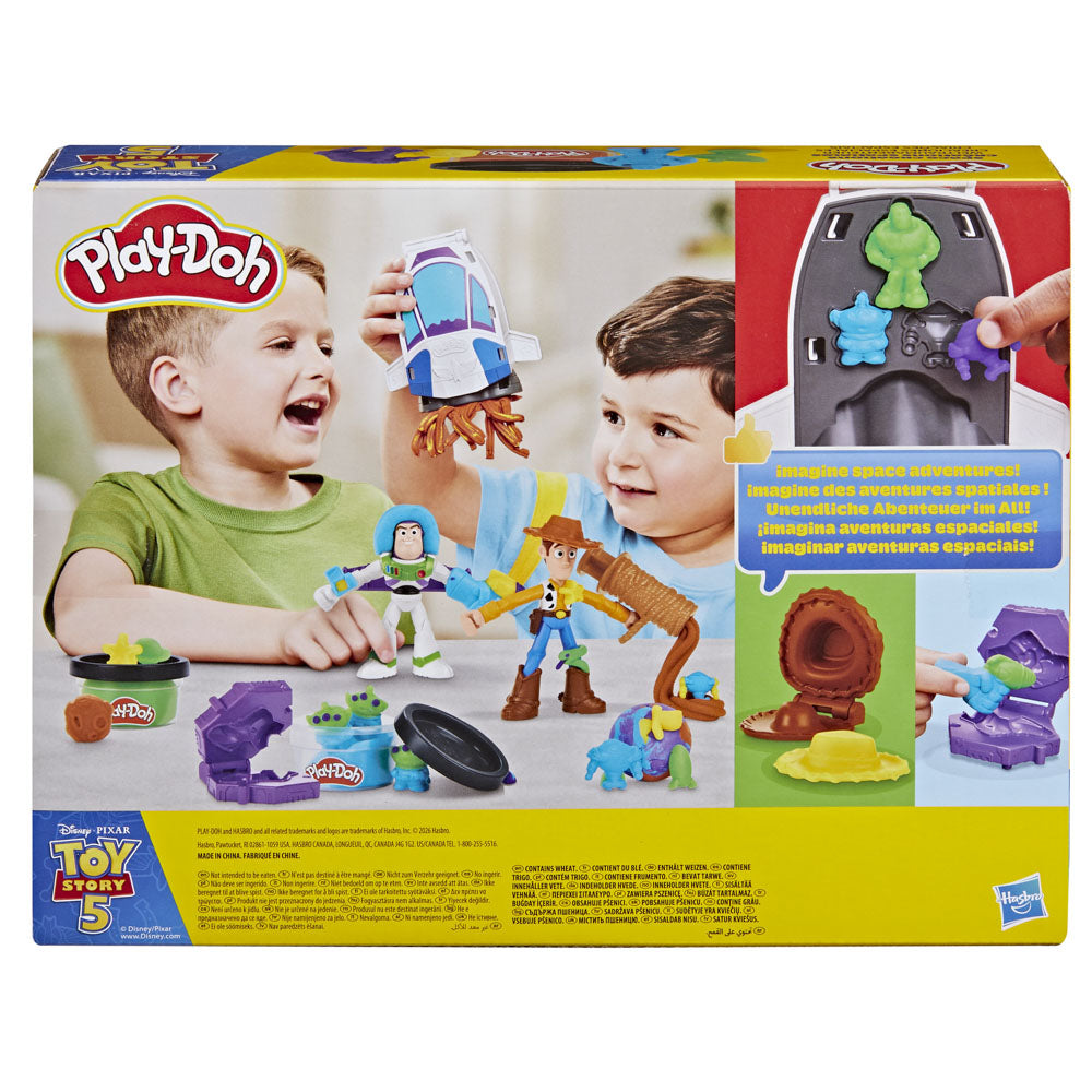 Back packaging for the Play-Doh Toy Story 5 Space Creations playset with Woody and Buzz figures