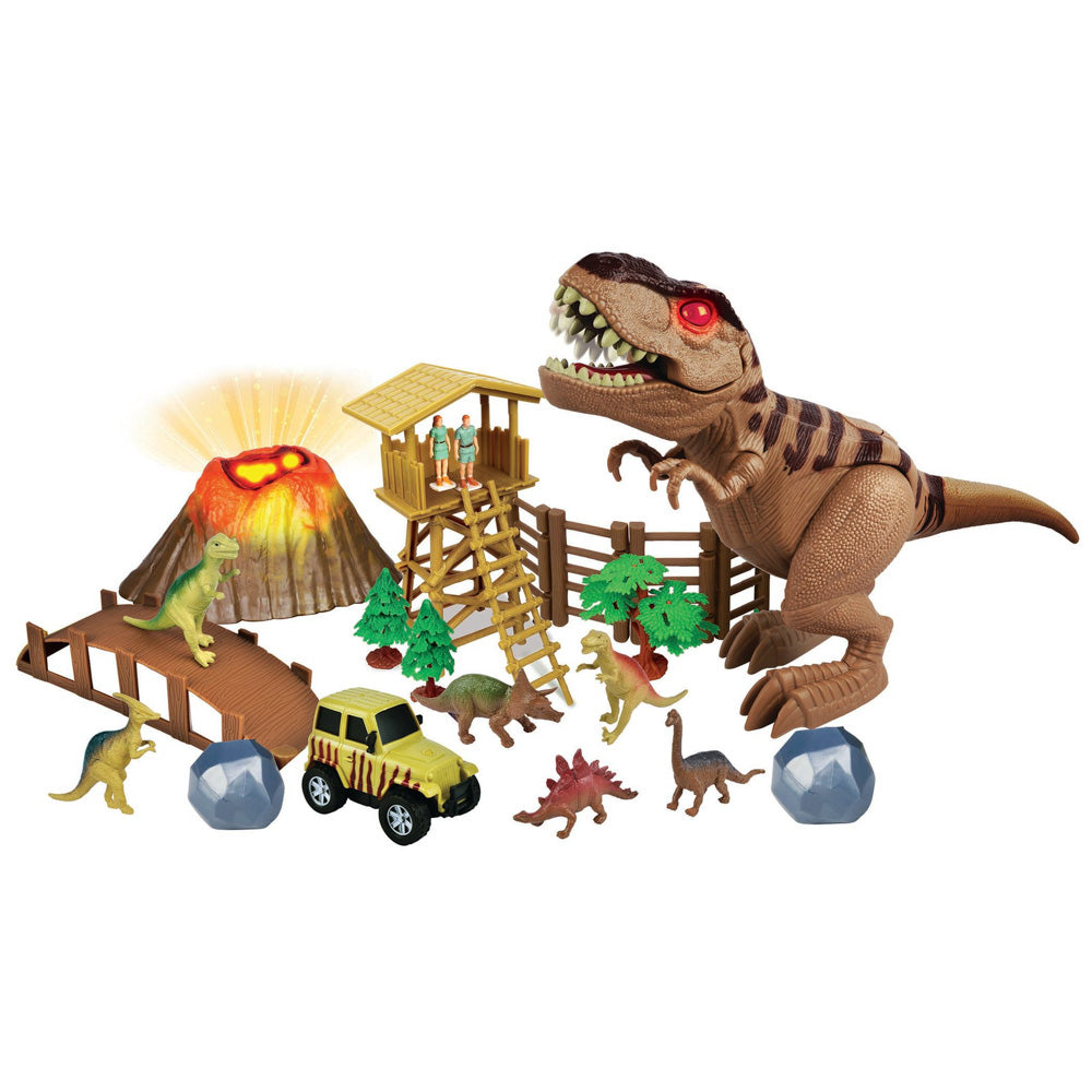 Pre-Historic Times 23 Piece Playset With Multi-Action T-Rex, including people, volcano, car and dinosaurs.