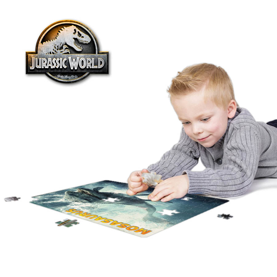 Child playing with the Prime 3D Jurassic World Mosasaurus 100 Piece Jigsaw Puzzle