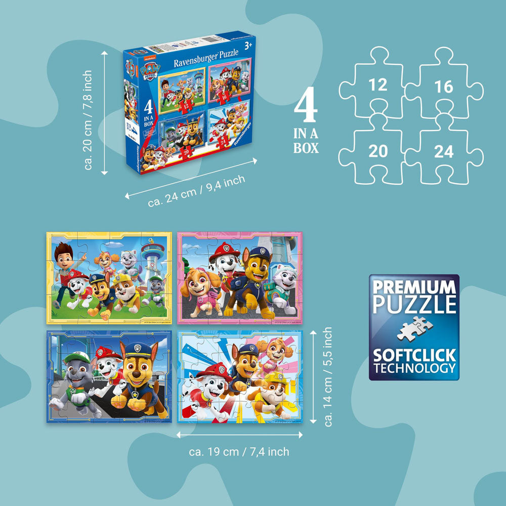 4 puzzles in the box of the Ravensburger Paw Patrol Friends Ready for Adventure 4 In A Box Puzzle