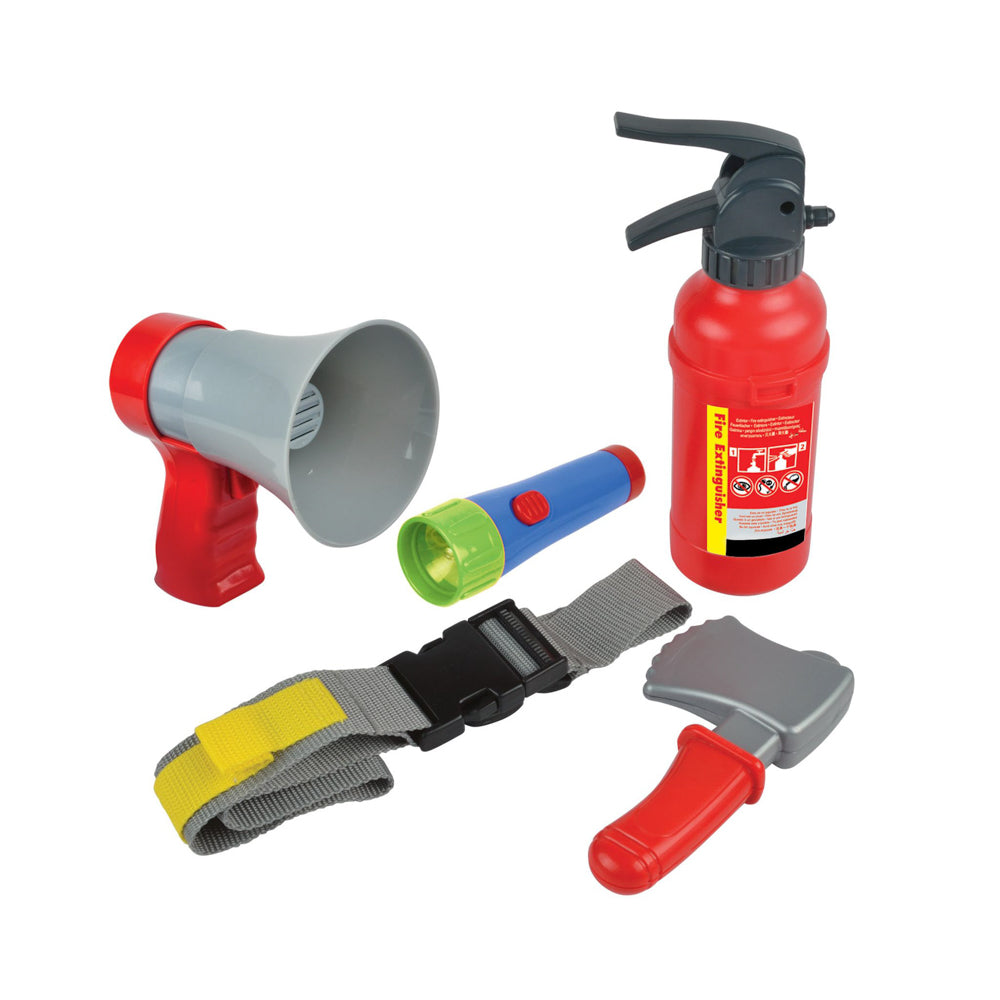 The Red Box Fire Fighter Emergency Carry Case Toy Tool Playset includes a fire extinguisher, microphone, torch, and axe.