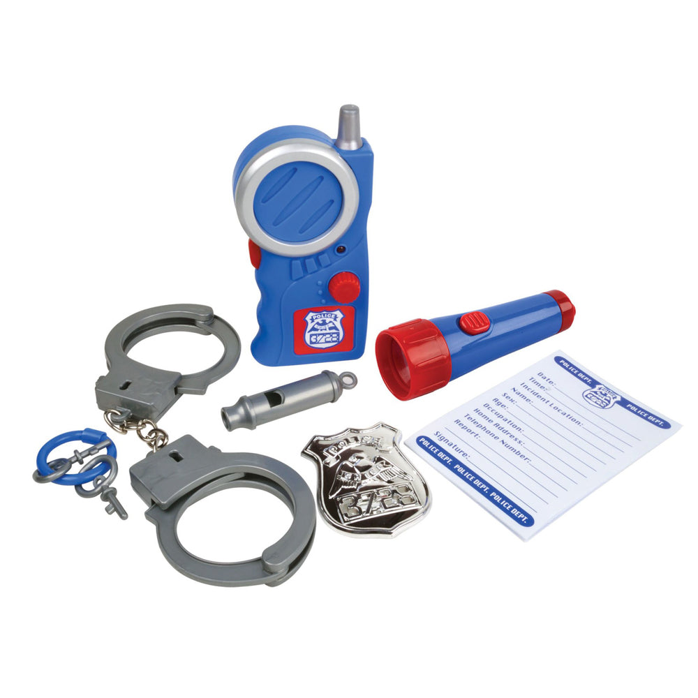 The Red Box Police Carry Case Pretend Tool Playset includes a walkie-talkie, torch, handcuffs, whistle, police badge, and notepad.