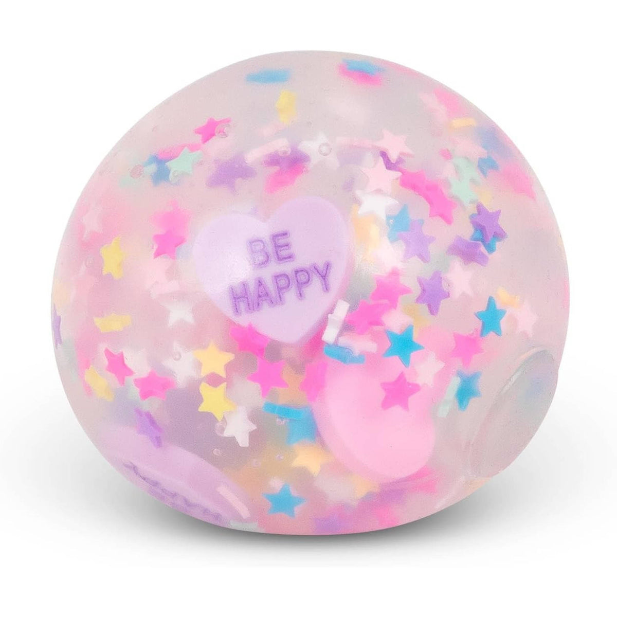 Scrunchems Mindfulness Squishy Ball filled with confetti and heart-shaped candy/conversation hearts.
