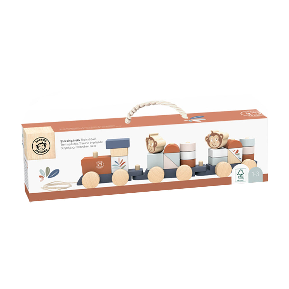 Speedy Monkey Wooden Toy Train Stacker, in packaging