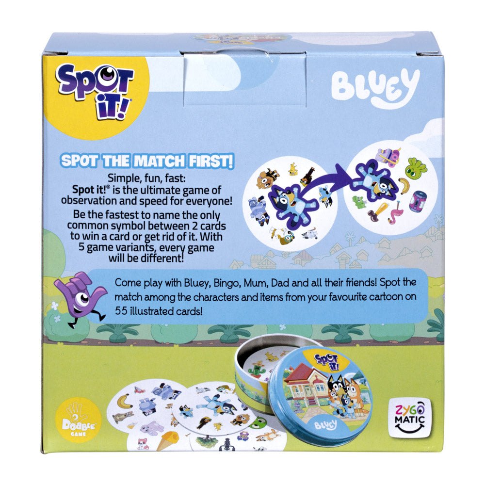 Back packaging for the Spot It! Bluey card game for ages 4+