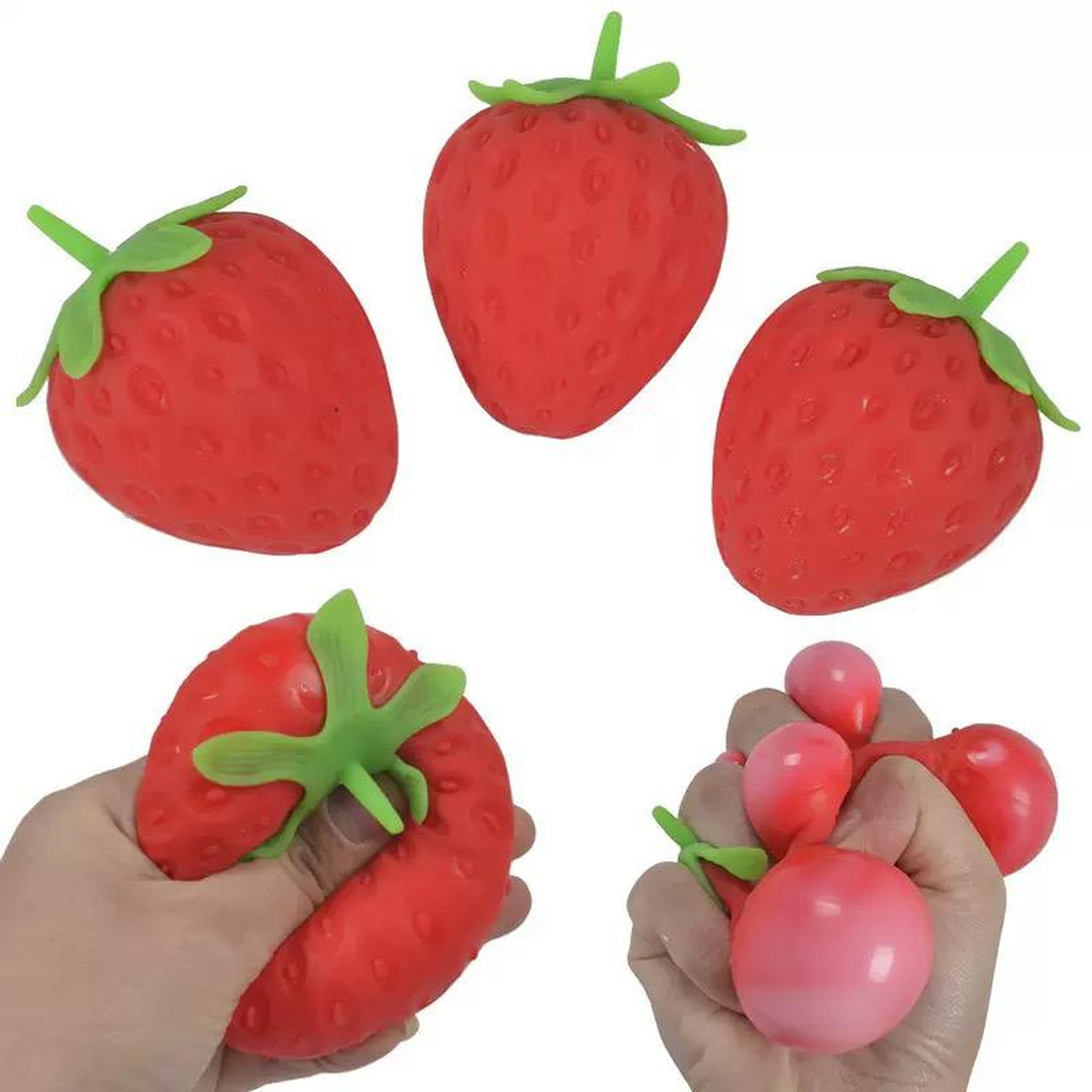 Hand squeezing the Squishy Strawberry fidget sensory toy seen in tiktok trends