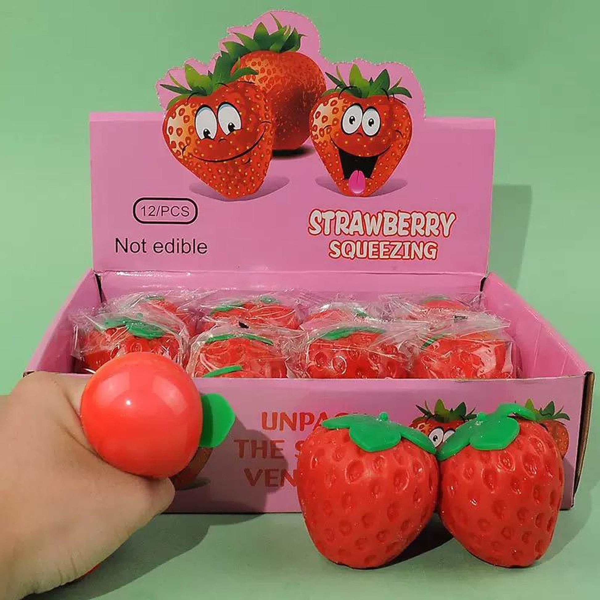 Squishy Strawberry fidget sensory toy seen in tiktok trends, in box packaging