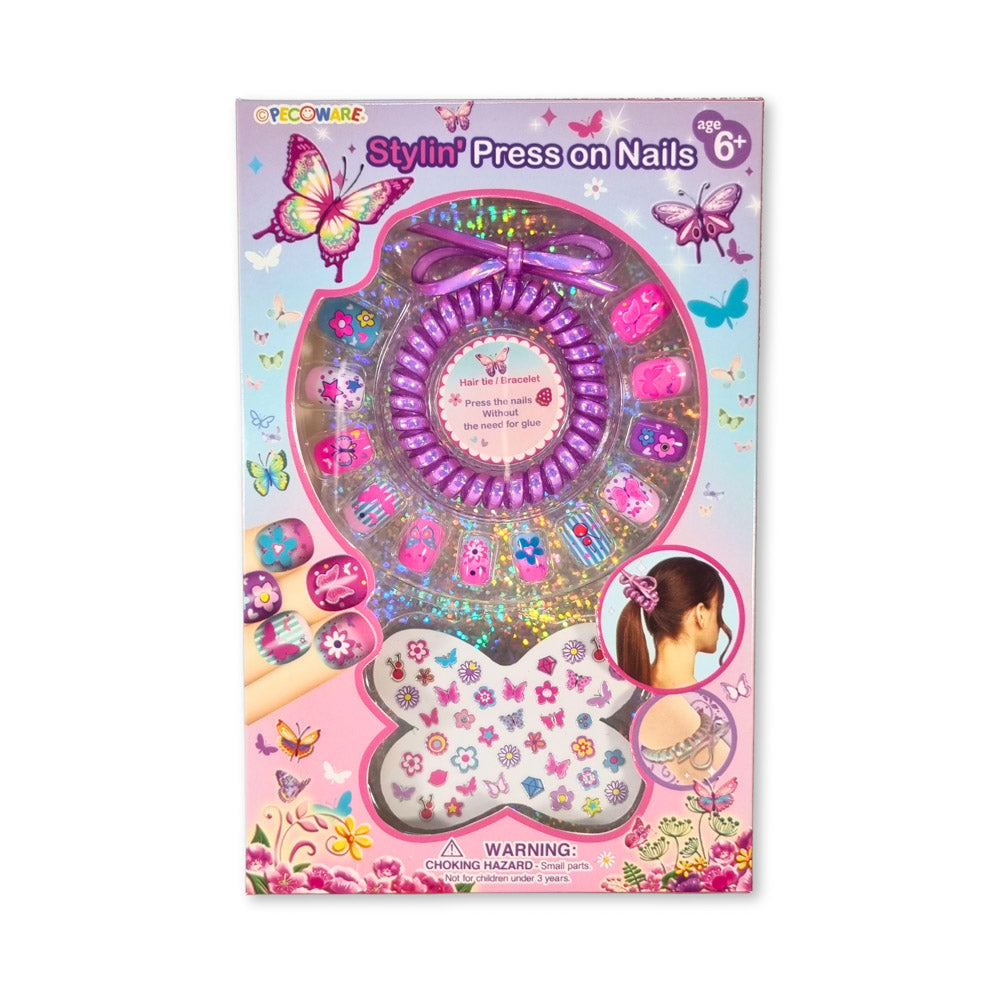 Stylin' Press On Nails set with stickers and a spiral hair tie, in packaging