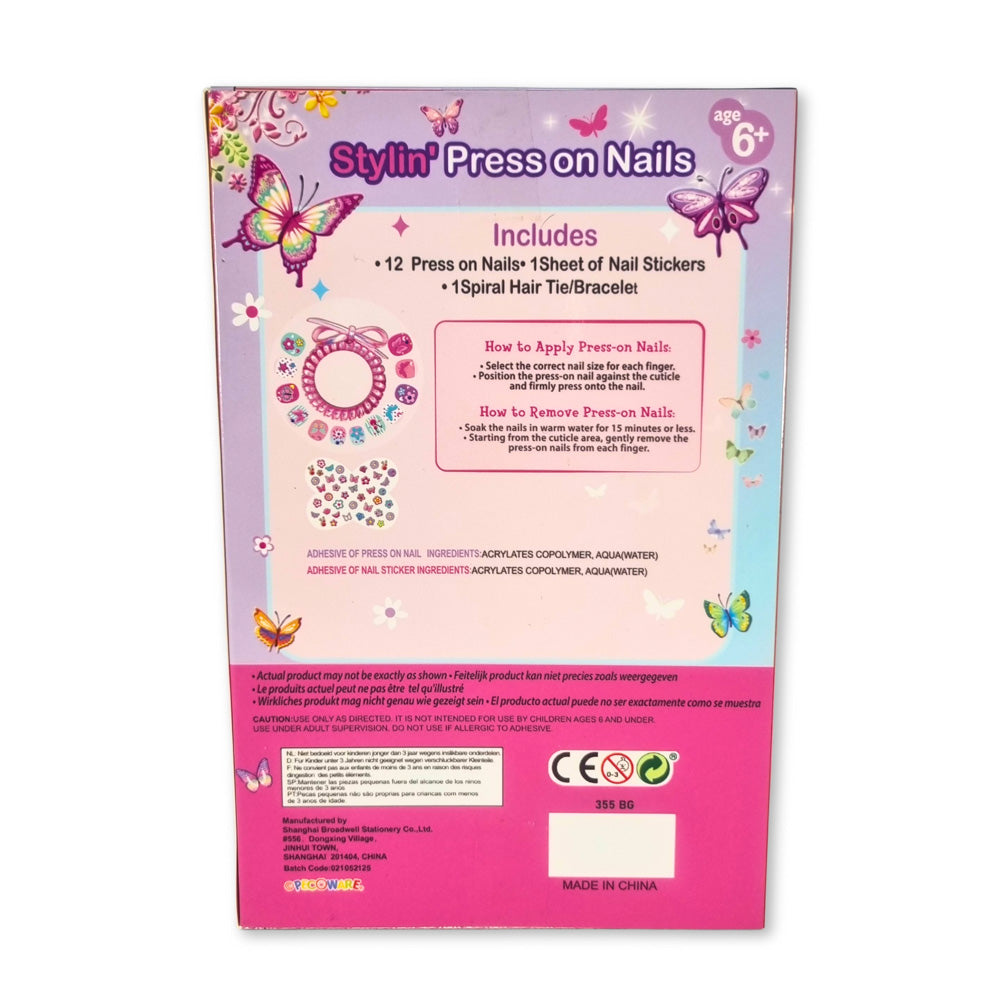 Back packaging for the Stylin' Press On Nails set with stickers and a spiral hair tie
