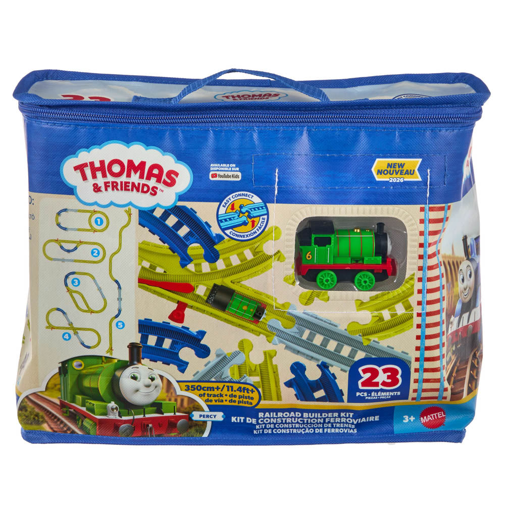 Thomas & Friends Railroad Builder toy set in a blue zippered carrying bag, with track pieces and a small green locomotive visible through printed windows on the front.