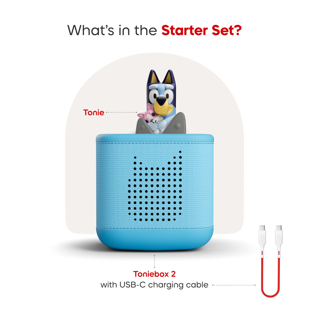 This is a starter set: Tonies Bluey tonie on top of blue Toniebox 2
