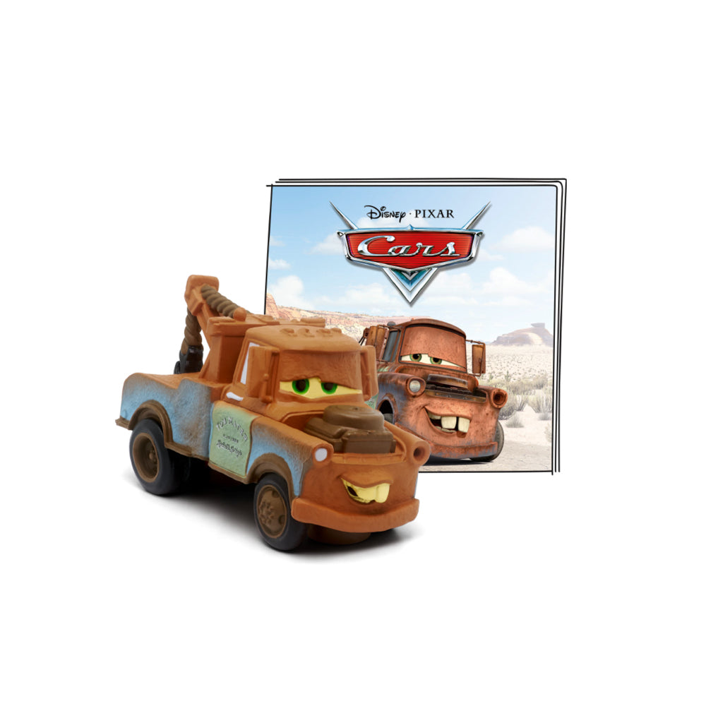 Tonies Audio Character Disney Pixar Cars Mater figure, in front of the movie poster