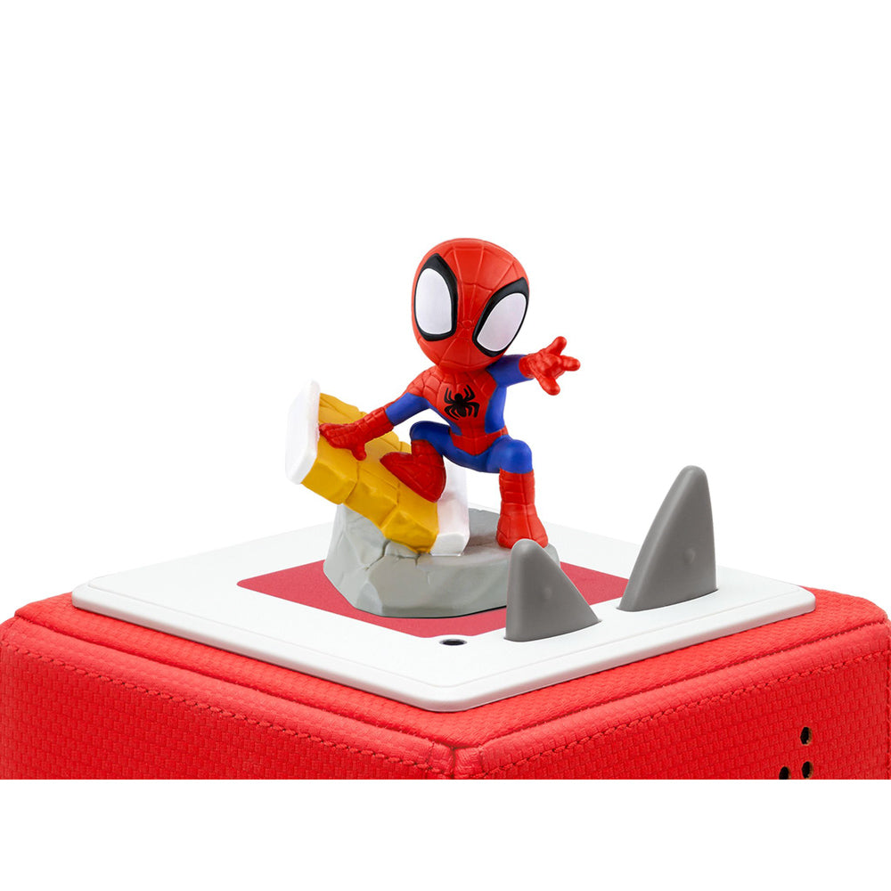 Tonies Audio Character Spidey & His Amazing Friends figure, on top of toniebox