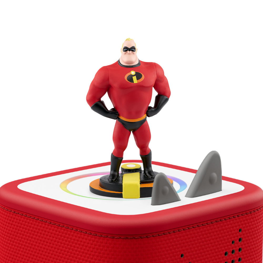 Tonies Audio Character The Incredibles Mr Incredible figure, on top of toniebox