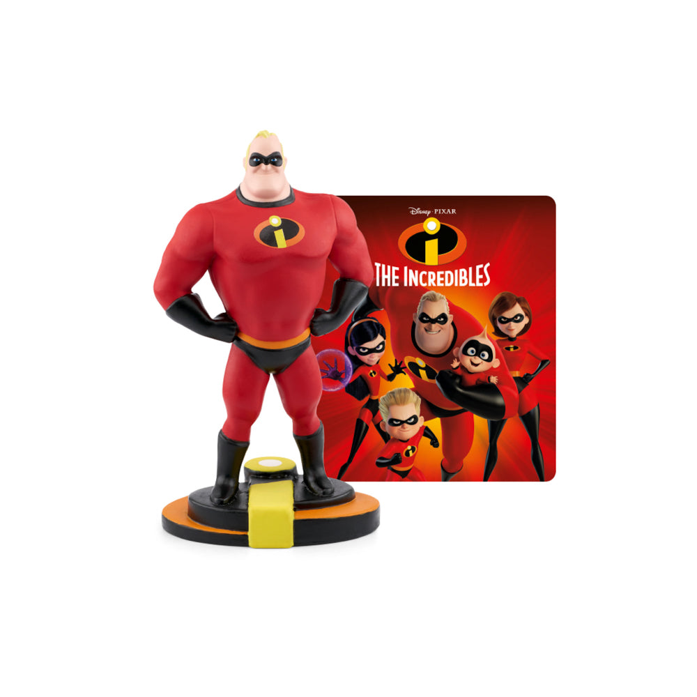 Tonies Audio Character The Incredibles Mr Incredible figure, in front of movie poster