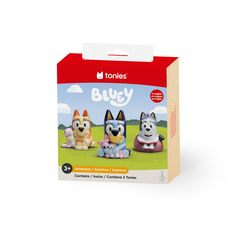 Packaging for the Tonies Audio Characters Bluey 3-Pack multipack with bluey, bingo and muffin.